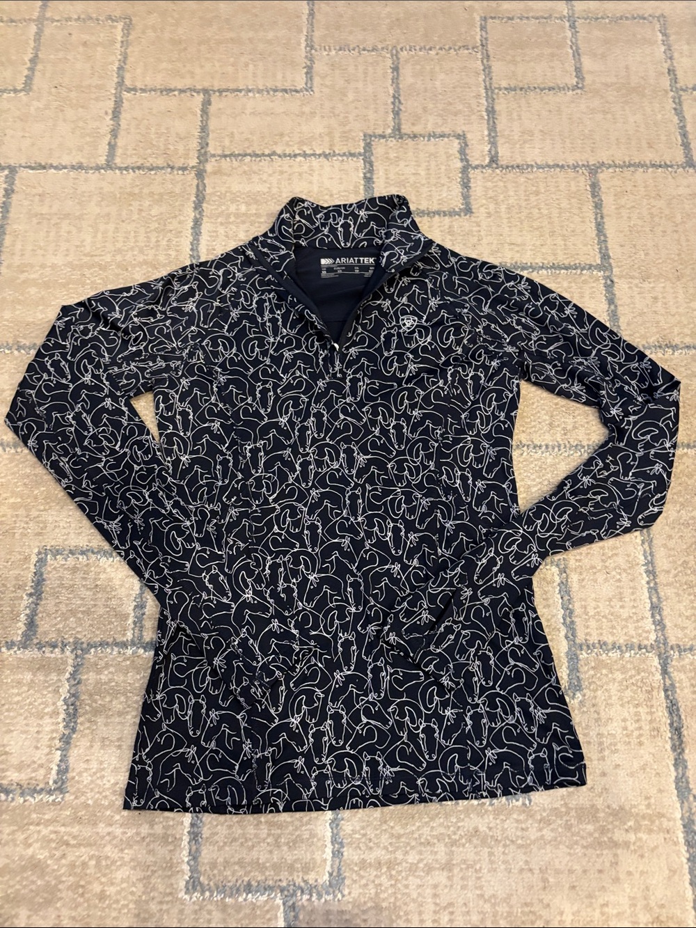 AriatTek Navy Long Sleeve Quarter Zip with Horse White Line Print